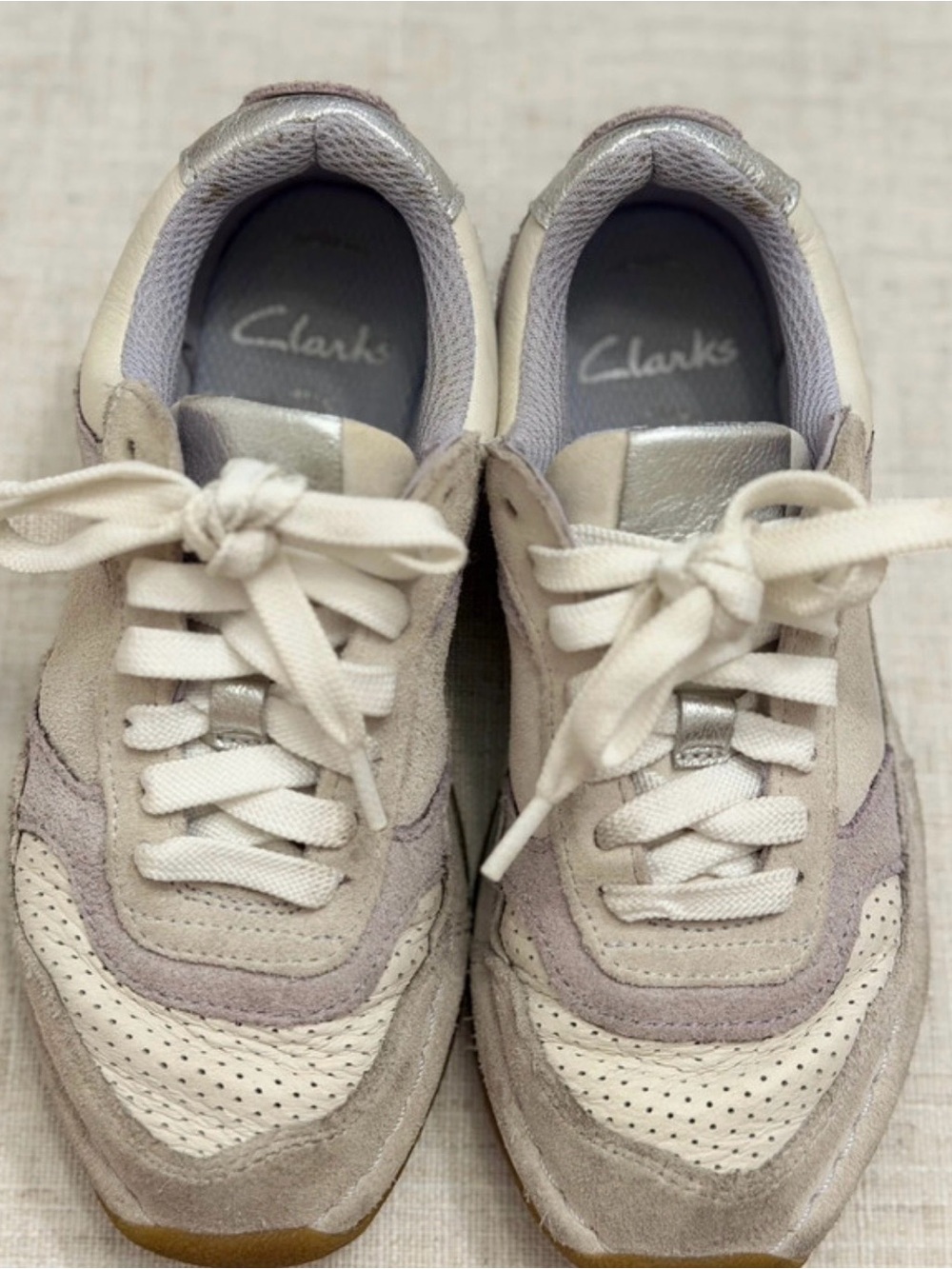 Clarks Cream and Light Gray Suede Lace-Up Sneakers